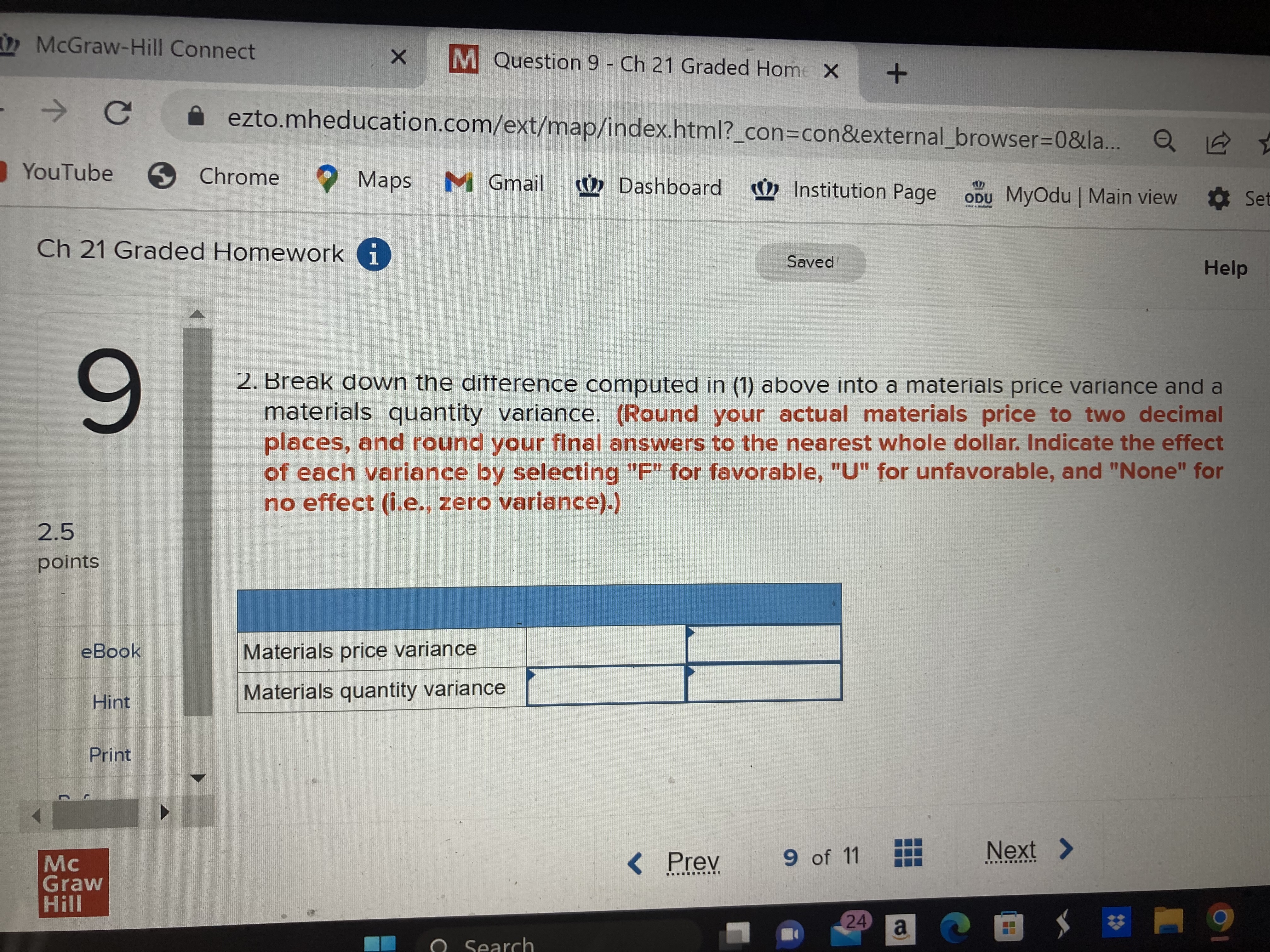 (2 McGraw-Hill Connect X M Question 9 - Ch 21 Graded