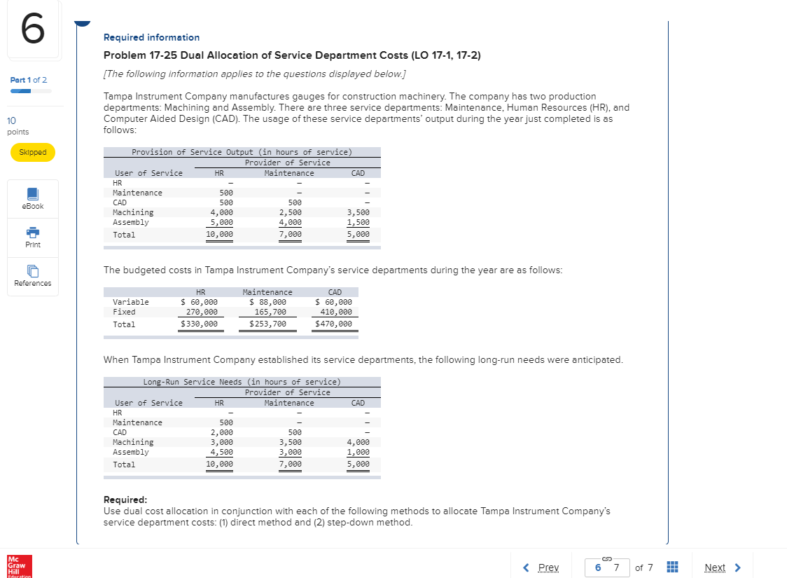 i need help please 6 Required information Problem 17-25 Dual Allocation of