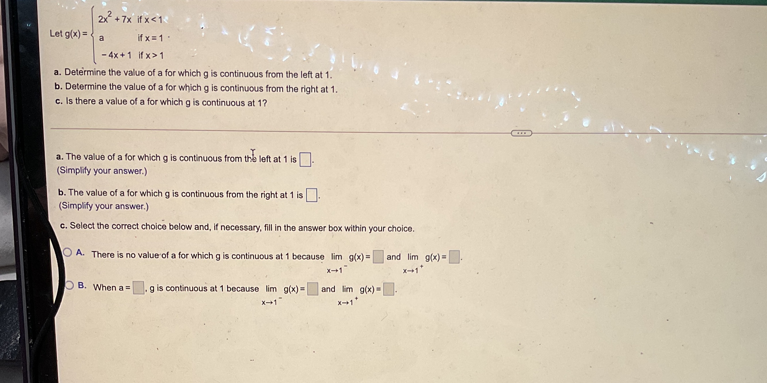 2x + 7x if x 1 a. Determine the value of