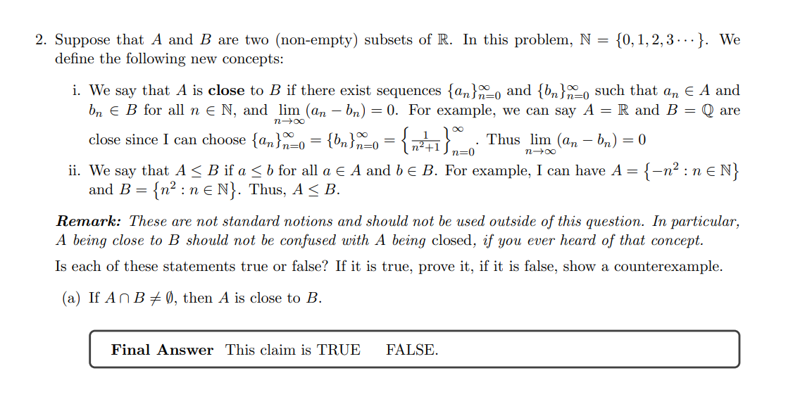 2. Suppose that A and B are two (non-empty) subsets of