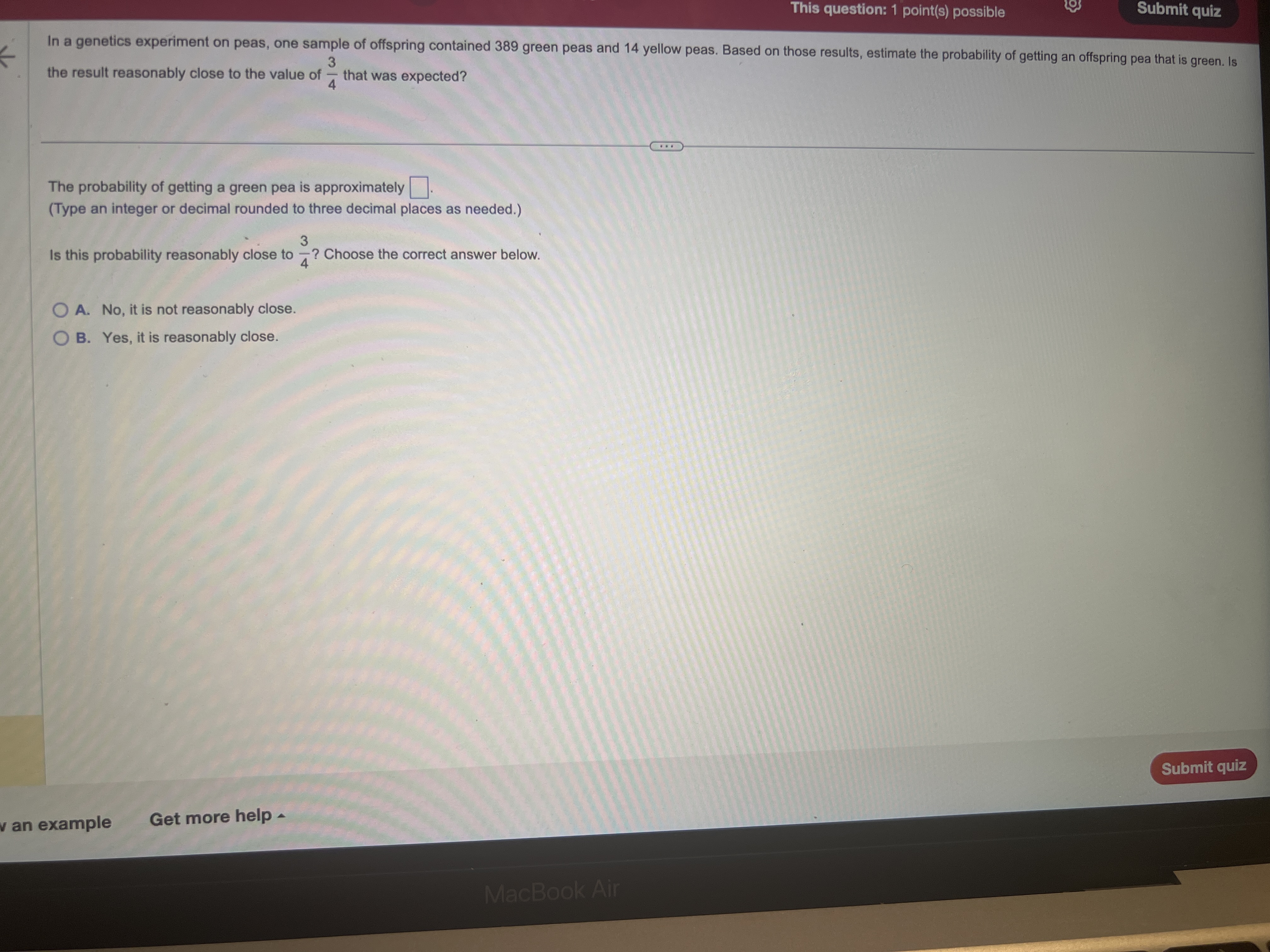 This question: 1 point(s) possible Submit quiz In a genetics experiment