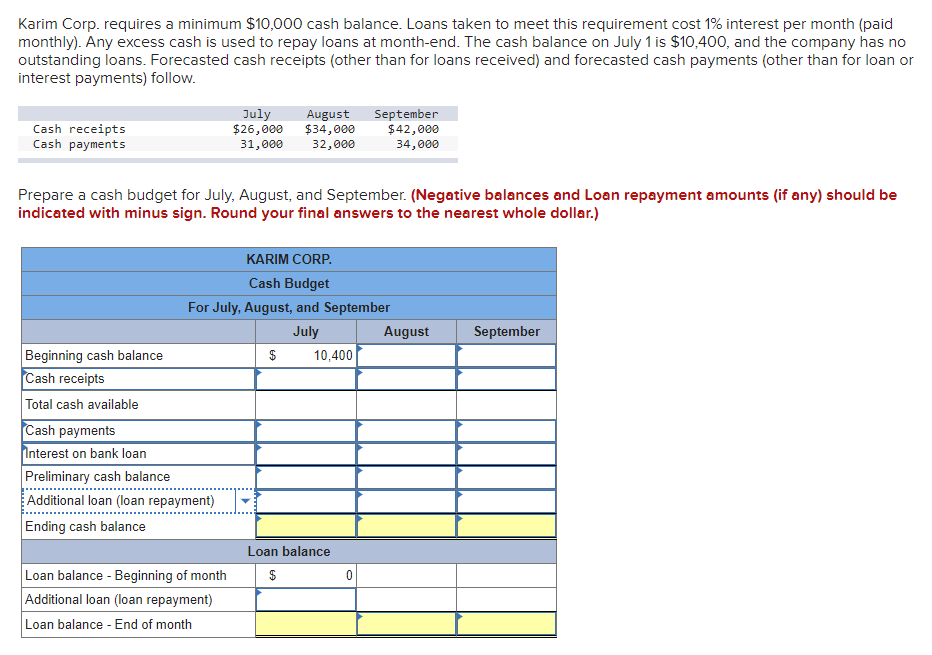Question 7 help please Karim Corp. requires a minimum $10,000 cash balance.