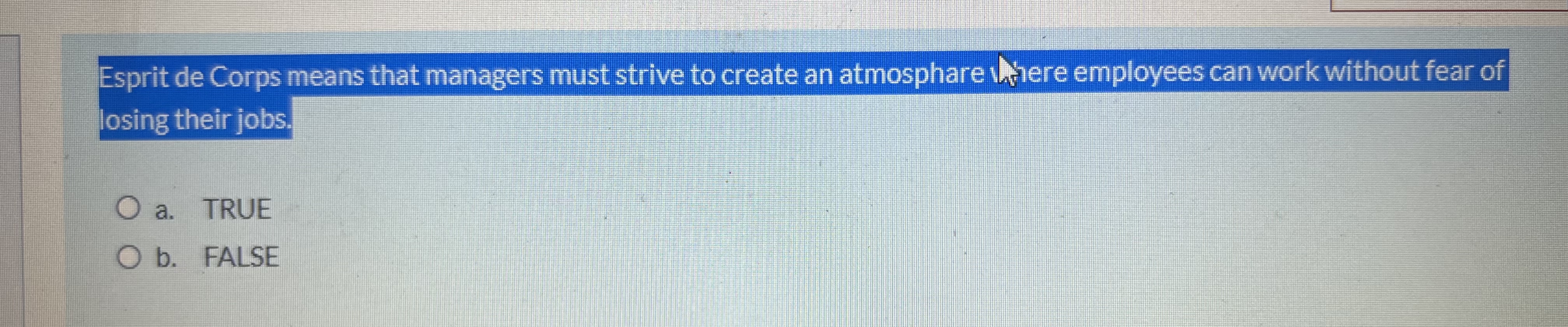 Esprit de Corps means that managers must strive to create an