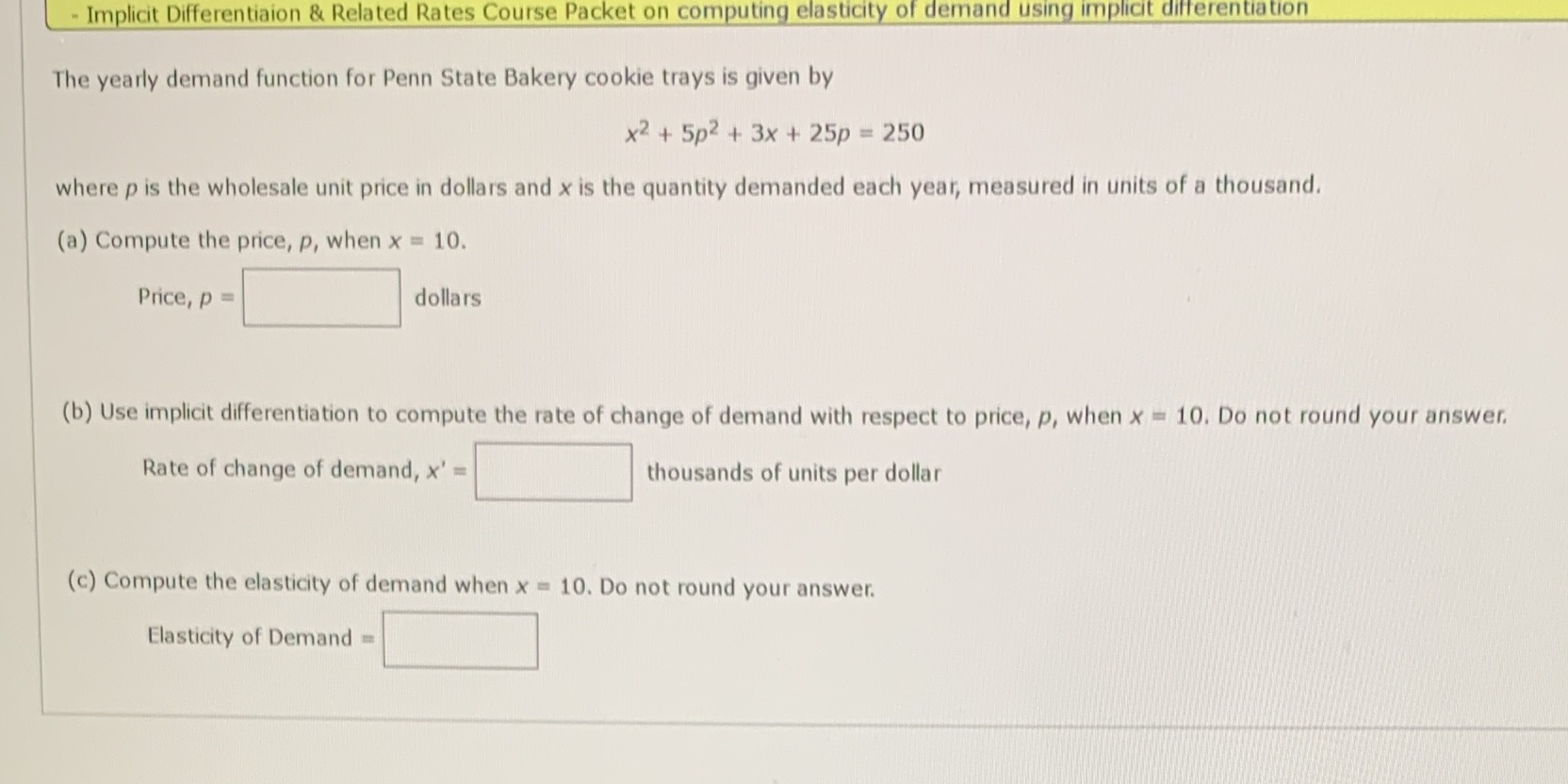  - Implicit Differentiaion & Related Rates Course Packet on computing elasticity