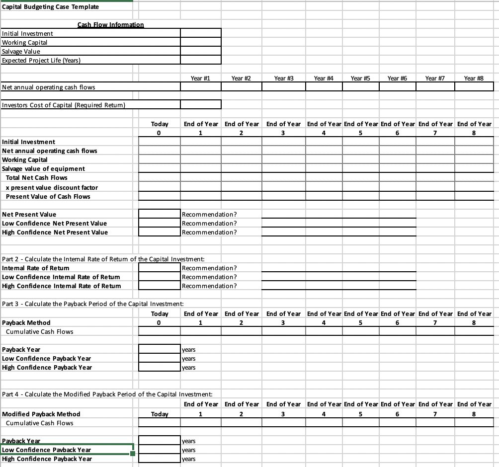 Using the template provided, analyze the project #1 with Net Present Value,