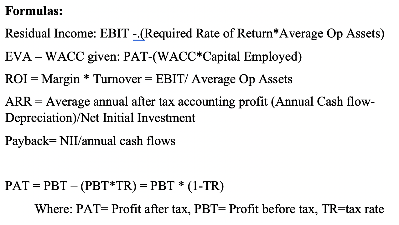 given: PAT-(WACC*Capital Employed) ROI = Margin * Turnover = EBIT/ Average Op