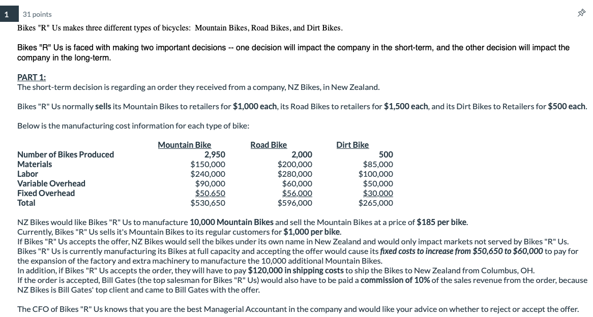 31 points 5 Bikes "R" Us makes three different types of