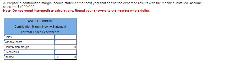  2. Prepare a contribution margin income statement for next year that