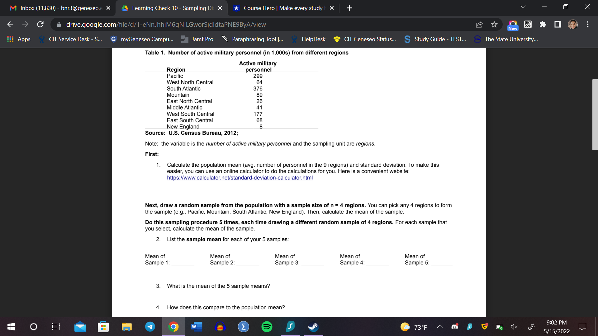 Inbox (11,830) - bnr3@geneseo.e X Learning Check 10- Sampling Di X Course