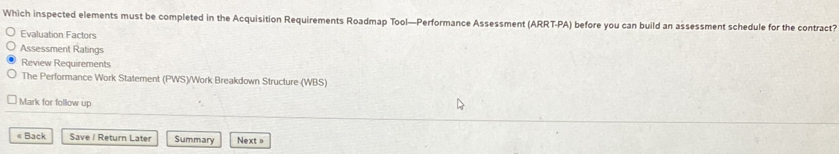 Which inspected elements must be completed in the Acquisition Requirements Roadmap