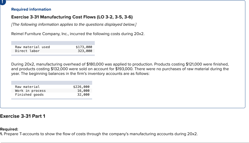  Required information Exercise 3-31 Manufacturing Cost Flows (LO 3-2, 3-5, 3-6)