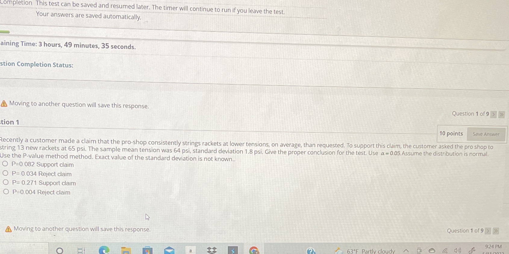  Completion This test can be saved and resumed later. The timer