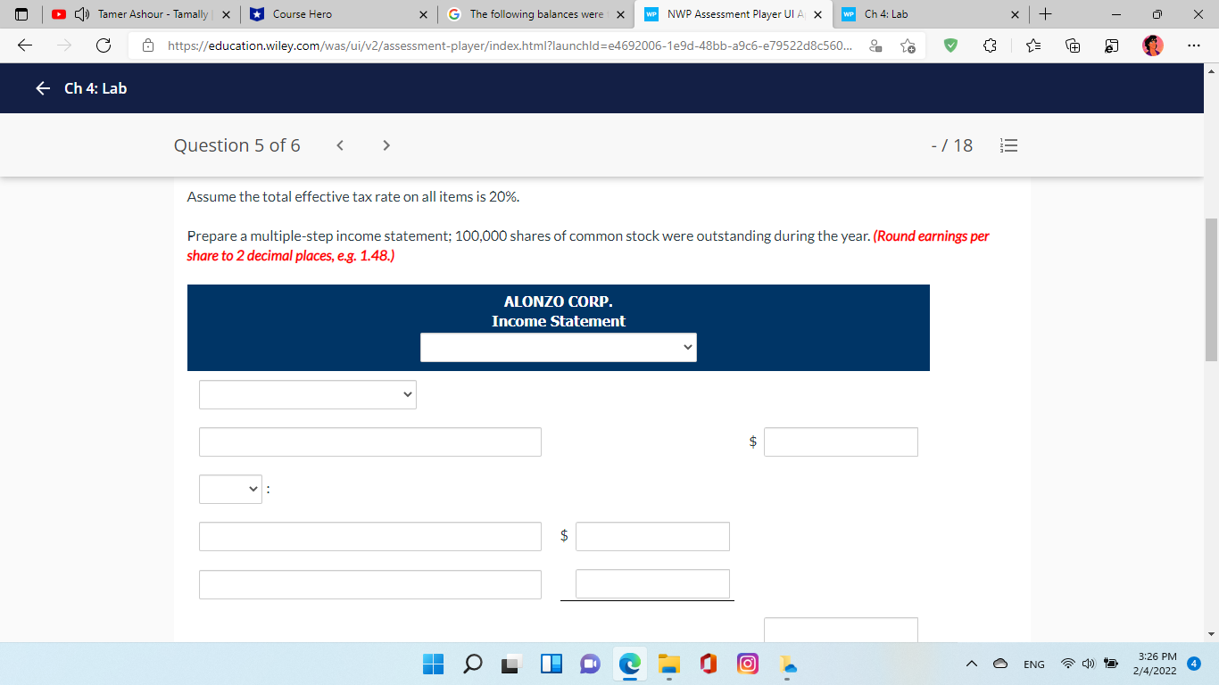 G The following balances were X WP NWP Assessment Player UI A
