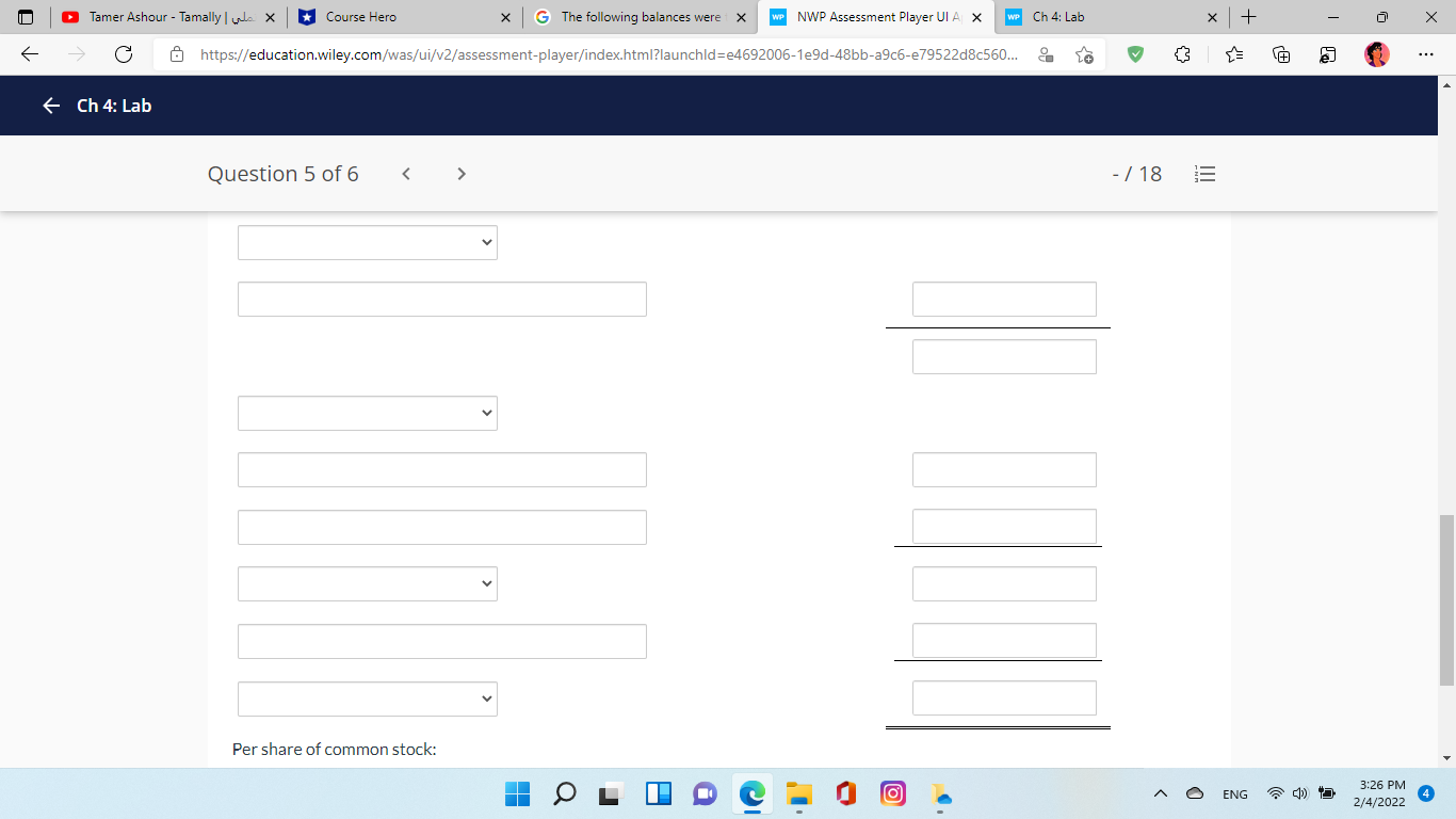 X WP Ch 4: Lab X + X C https://education.wiley.com/was/ui/v2/assessment-player/index.html?launchld=e4692006-19d-48bb-a9c6-e79522d8c560.. - Ch