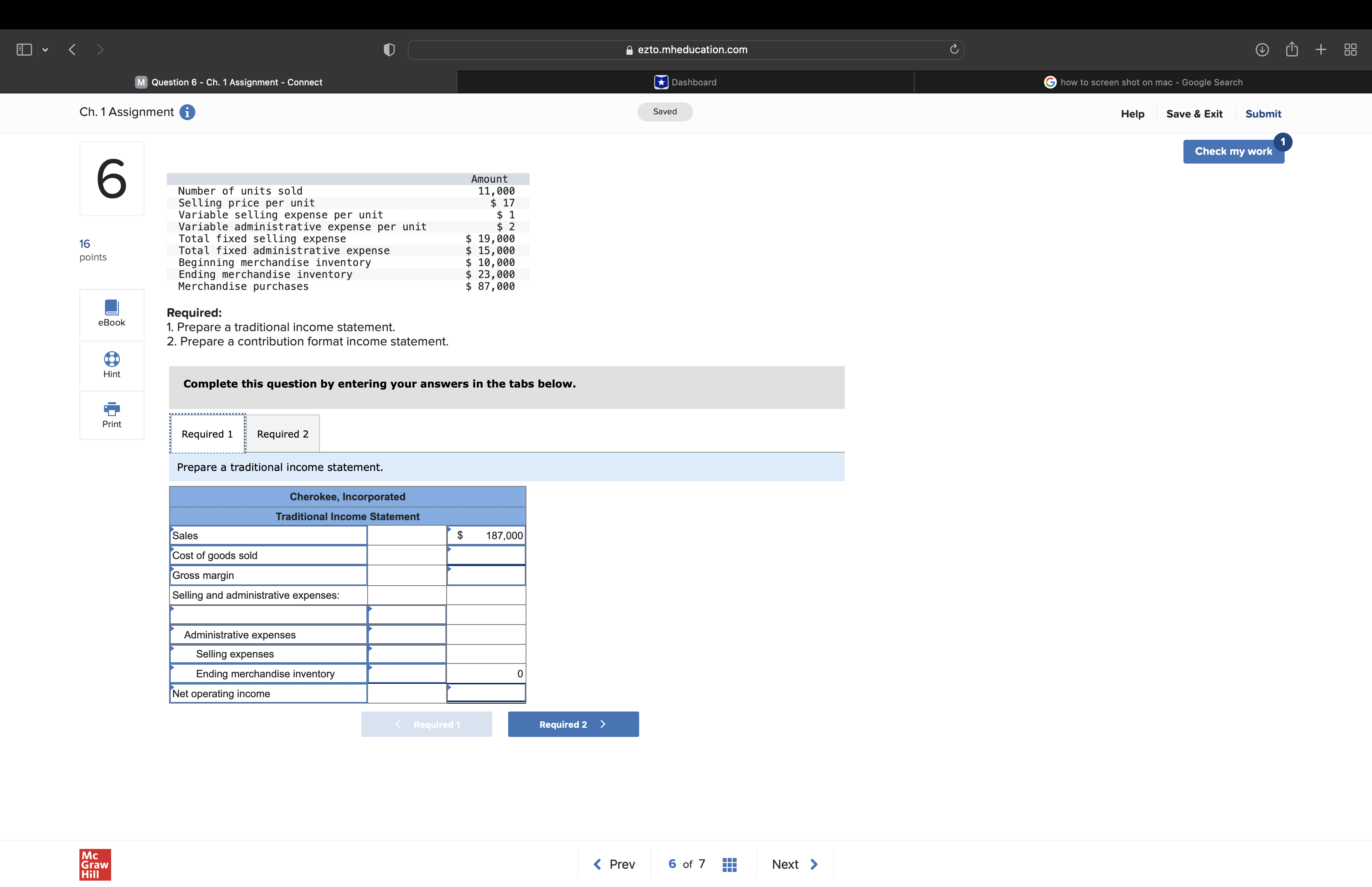 A ezto.mheducation.com + 88 M Question 6 - Ch. 1 Assignment