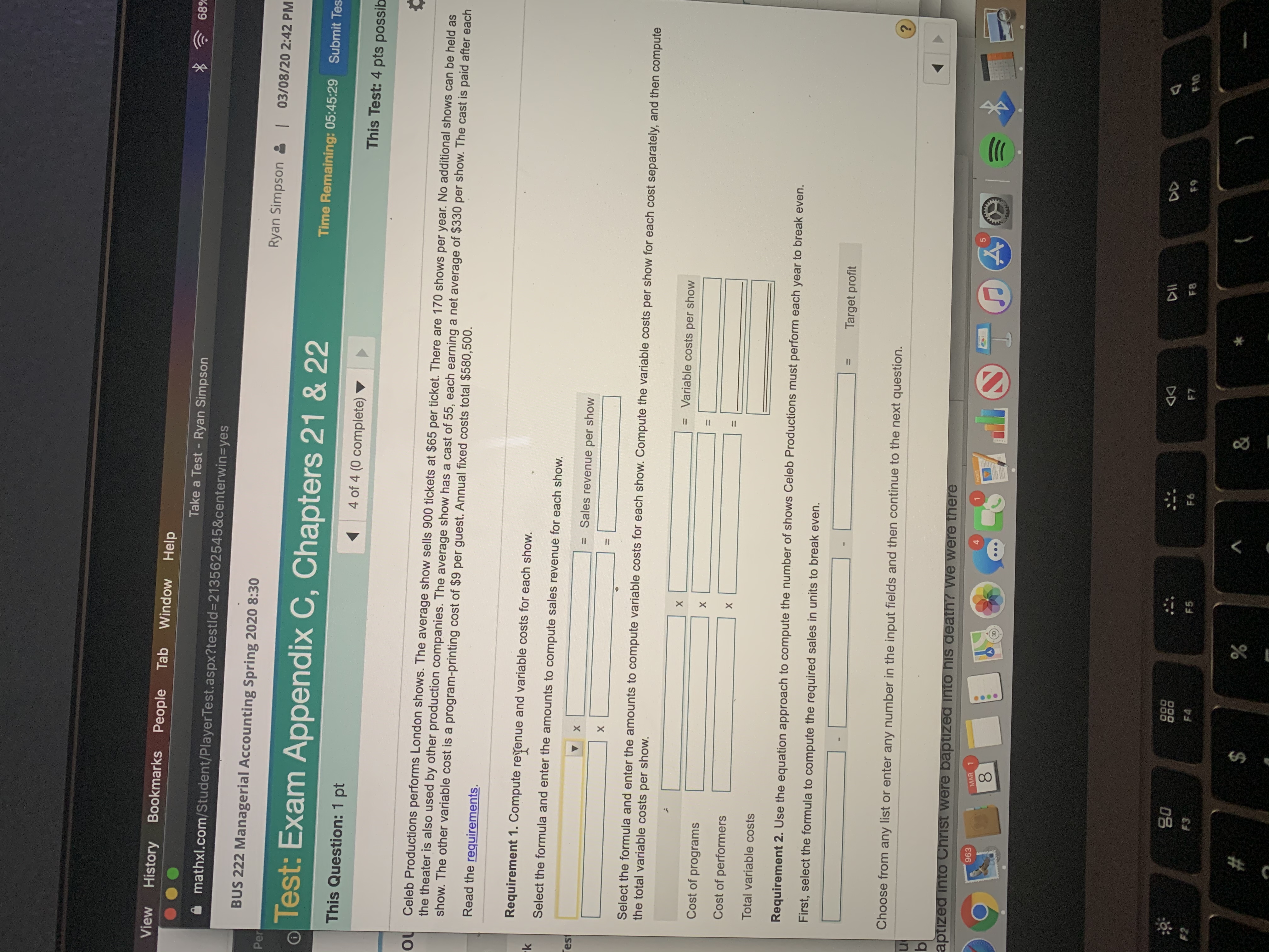 . Take a Test - Ryan Simpson 8 68% mathxl.com/Student/PlayerTest.aspx?testld=213562545&centerwin=yes BUS 222