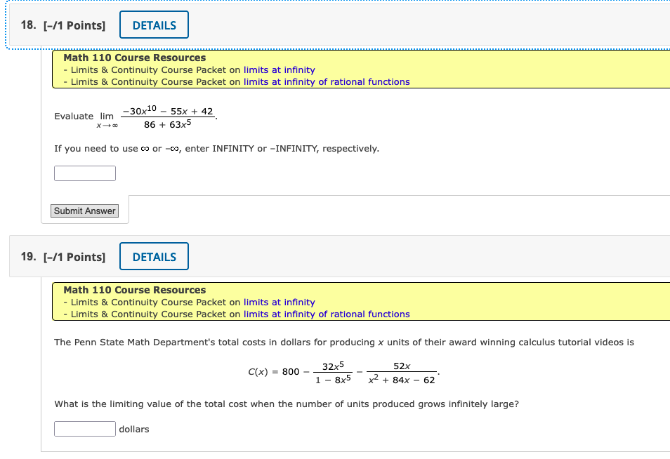  18. [-/1 Points] DETAILS Math 110 Course Resources - Limits &