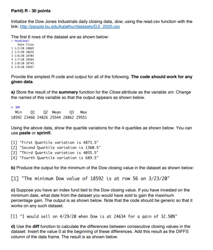 Need help with A - f Part4) R - 30 points Initialize