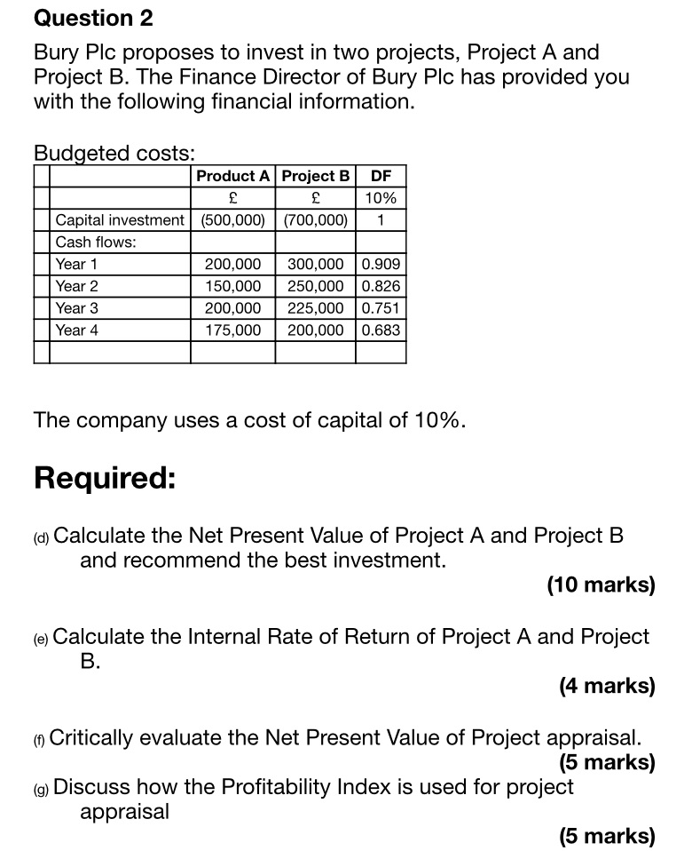 Please show formulas and workings Question 2 Bury Pic proposes to invest