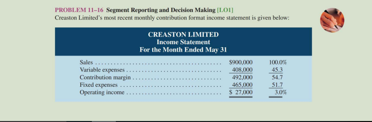  PROBLEM 11-16 Segment Reporting and Decision Making [LO]] Creaston Limited's most