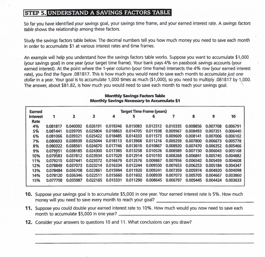 answer all By UNDERSTAND A SAVINGS FACTORS TABLE So far you have