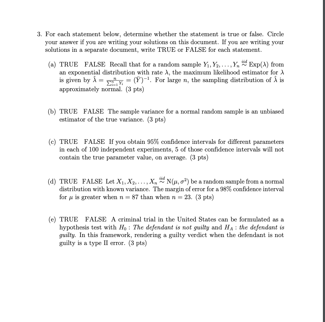  3. For each statement below, determine whether the statement is true