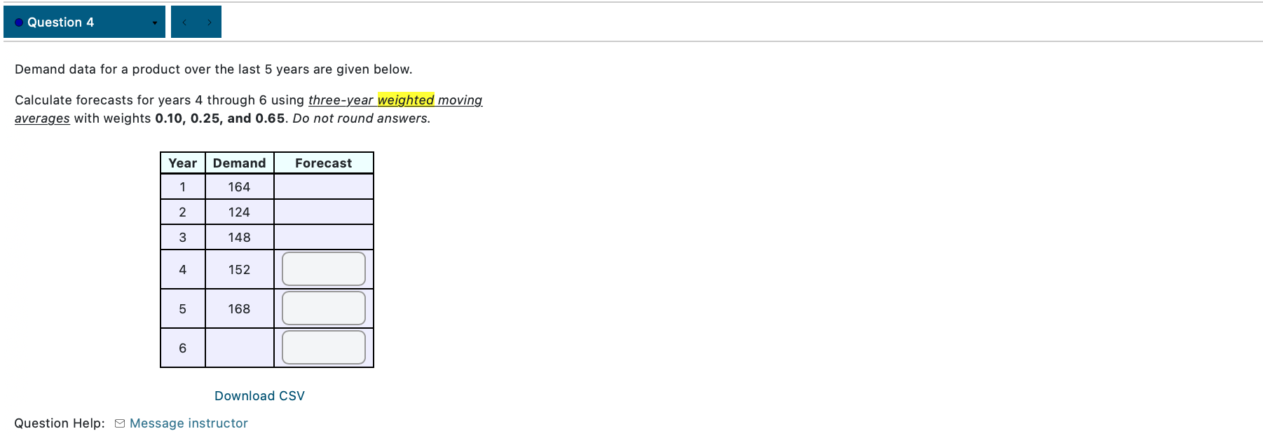 given below. Calculate forecasts for months 3 through 6 using two-month moving
