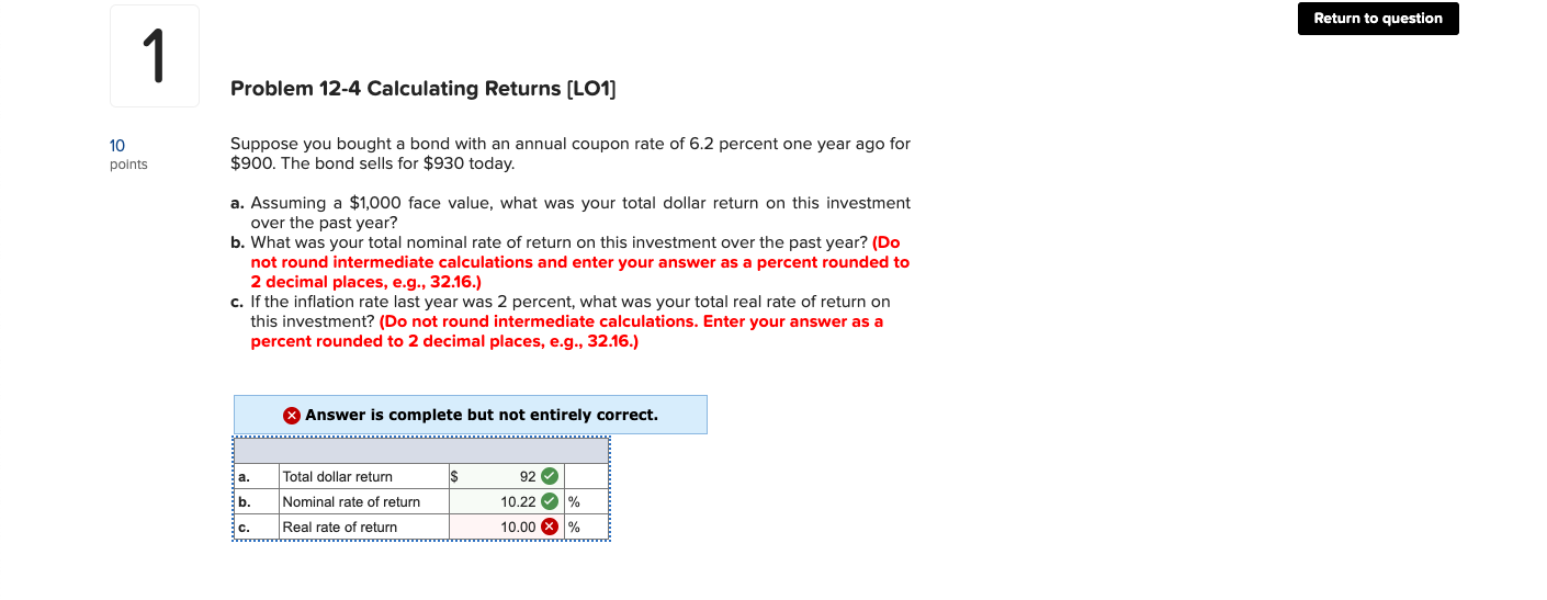  10 paints Problem 12-4 Calculating Returns [L01] Suppose you bought a