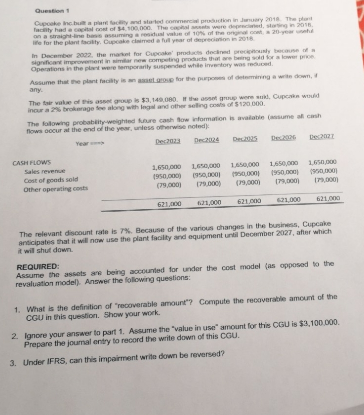 help please Question 1 Cupcake Inc.built a plant facility and started commercial