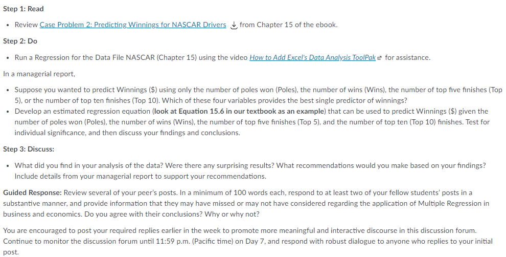 Step 1: Read - Review lCase Problem 2: Predicting Winnings for