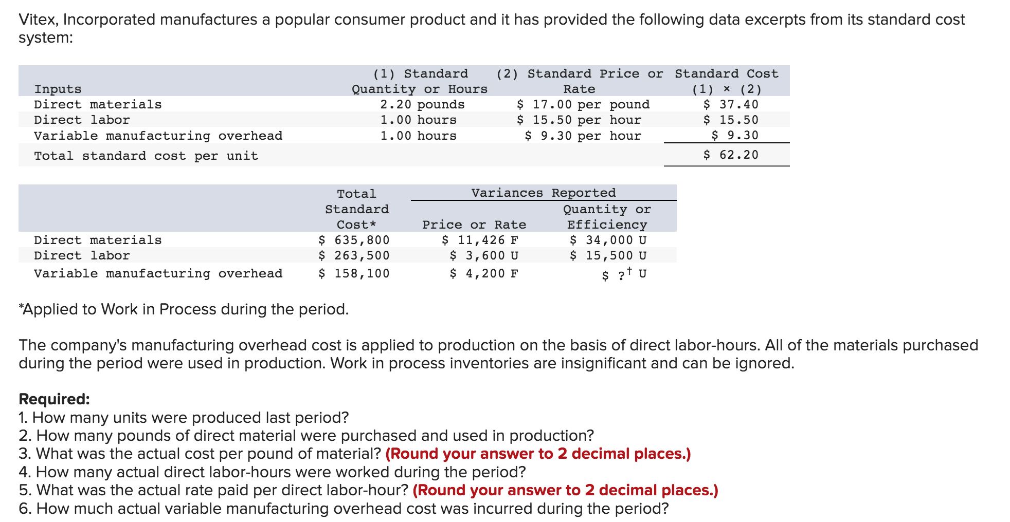 Case 10-17 (Algo) Working Backwards from Variance Data [LO10-1, LO10-2, LO10-3] Vitex,