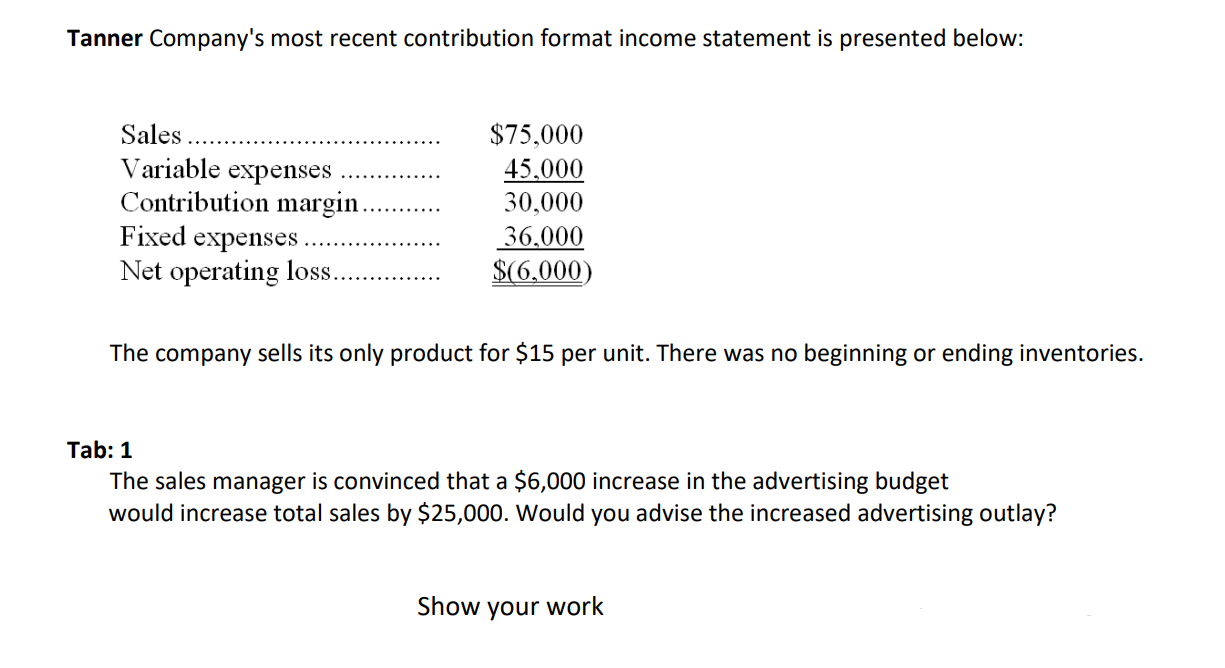  Tanner Company's most recent contribution format income statement is presented below: