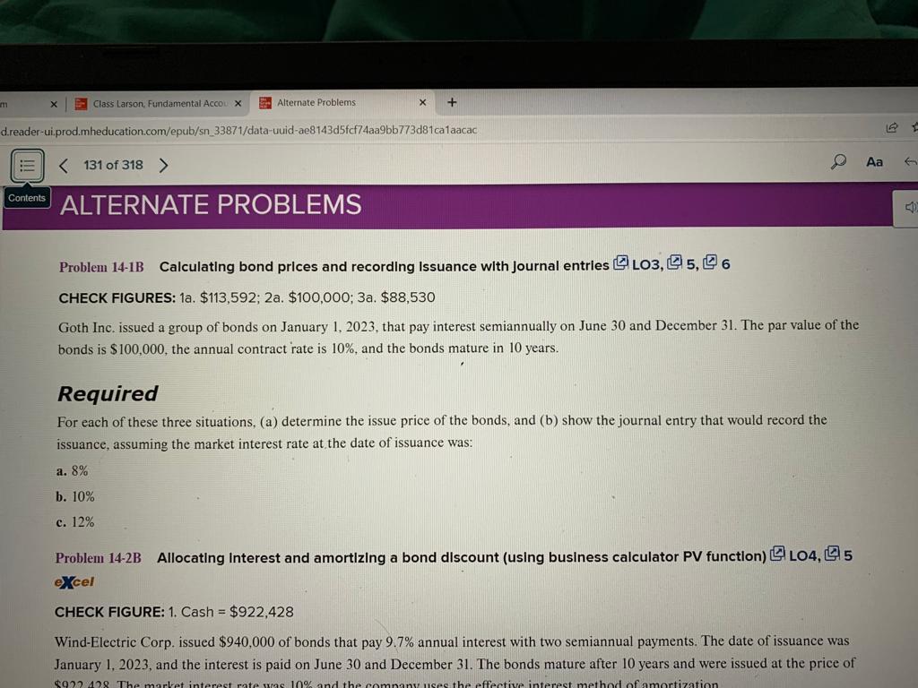  Aa Contents ALTERNATE PROBLEMS Problem 14-1B Calculating bond prices and recording