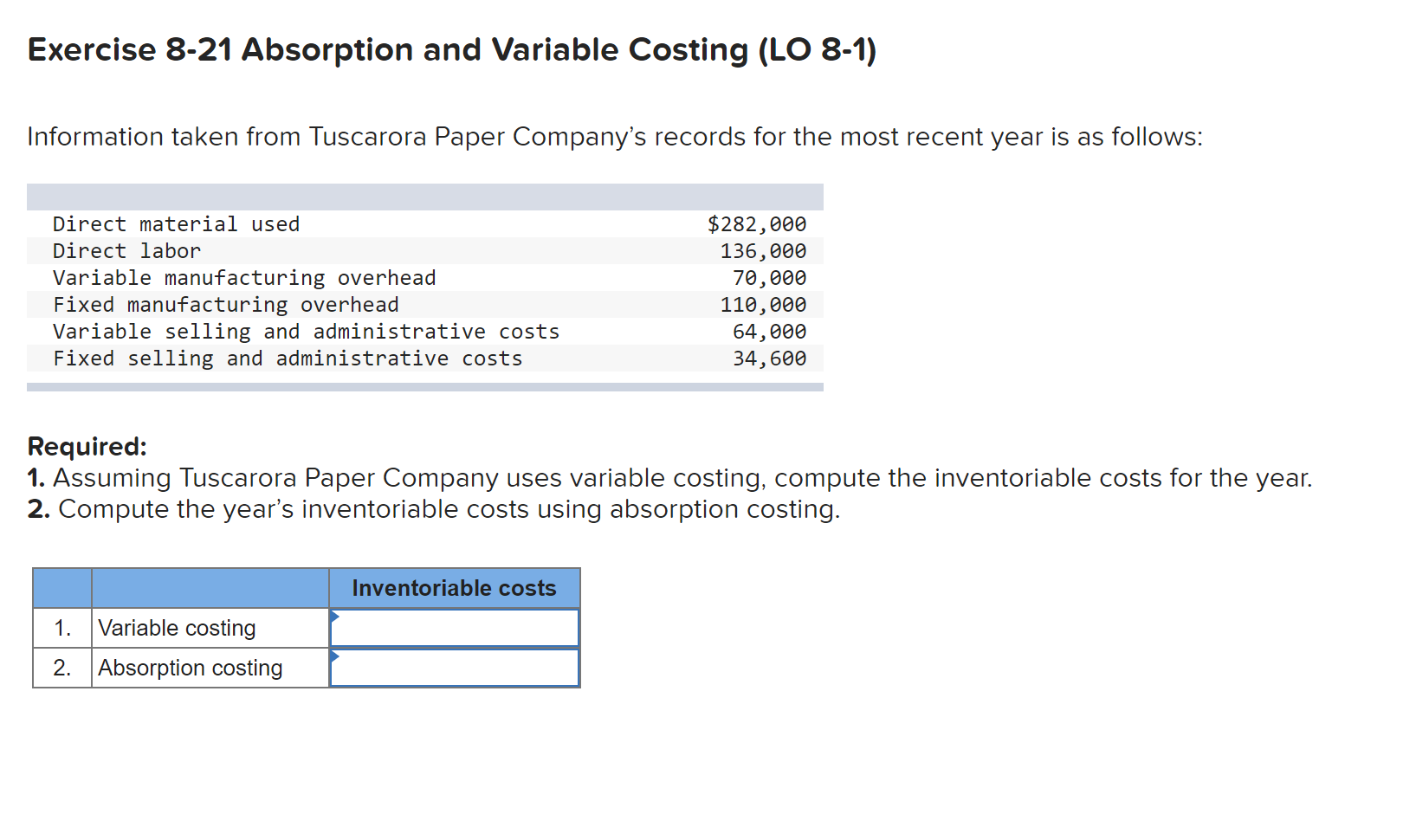  Exercise 8-21 Absorption and Variable Costing (L0 8-1) Information taken from
