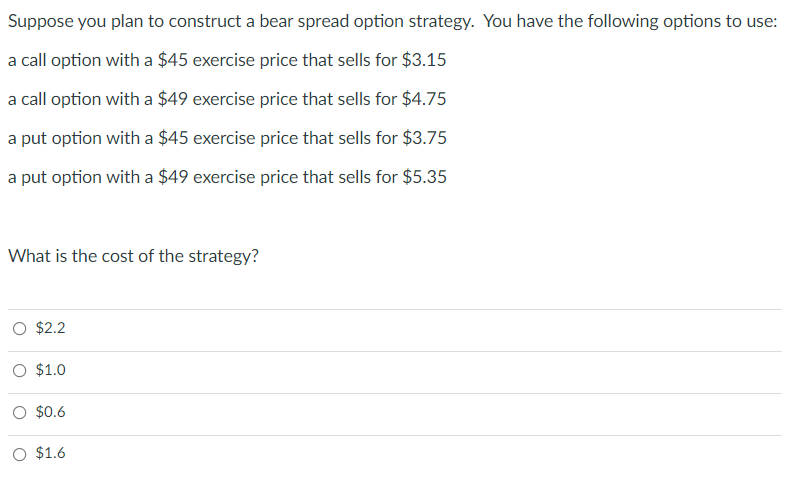 Please answer the question Suppose you plan to construct a bear spread