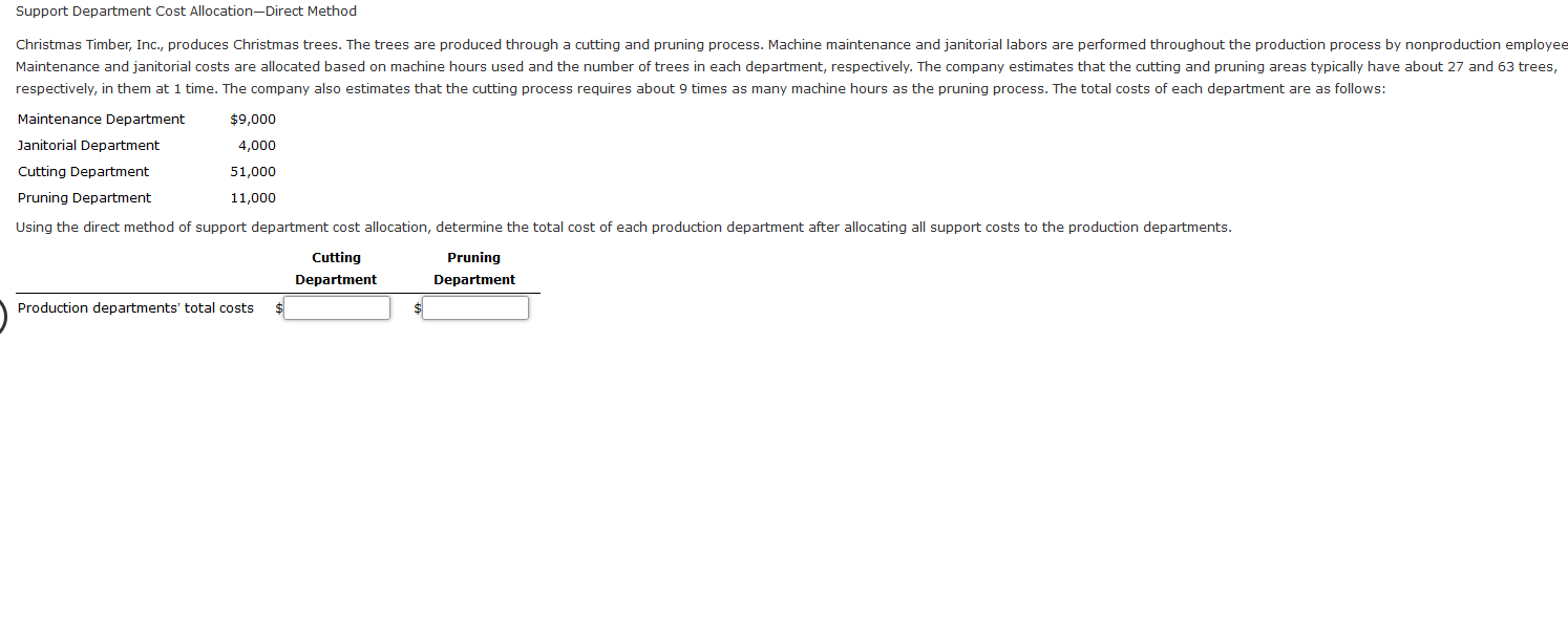 help with question pls thanks! Support Department Cost Allocation-Direct Method Christmas Timber,
