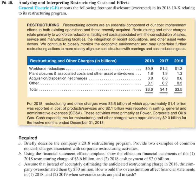 P6-40. Analyzing and Interpreting Restructuring Costs and Effects General Electric (GE)