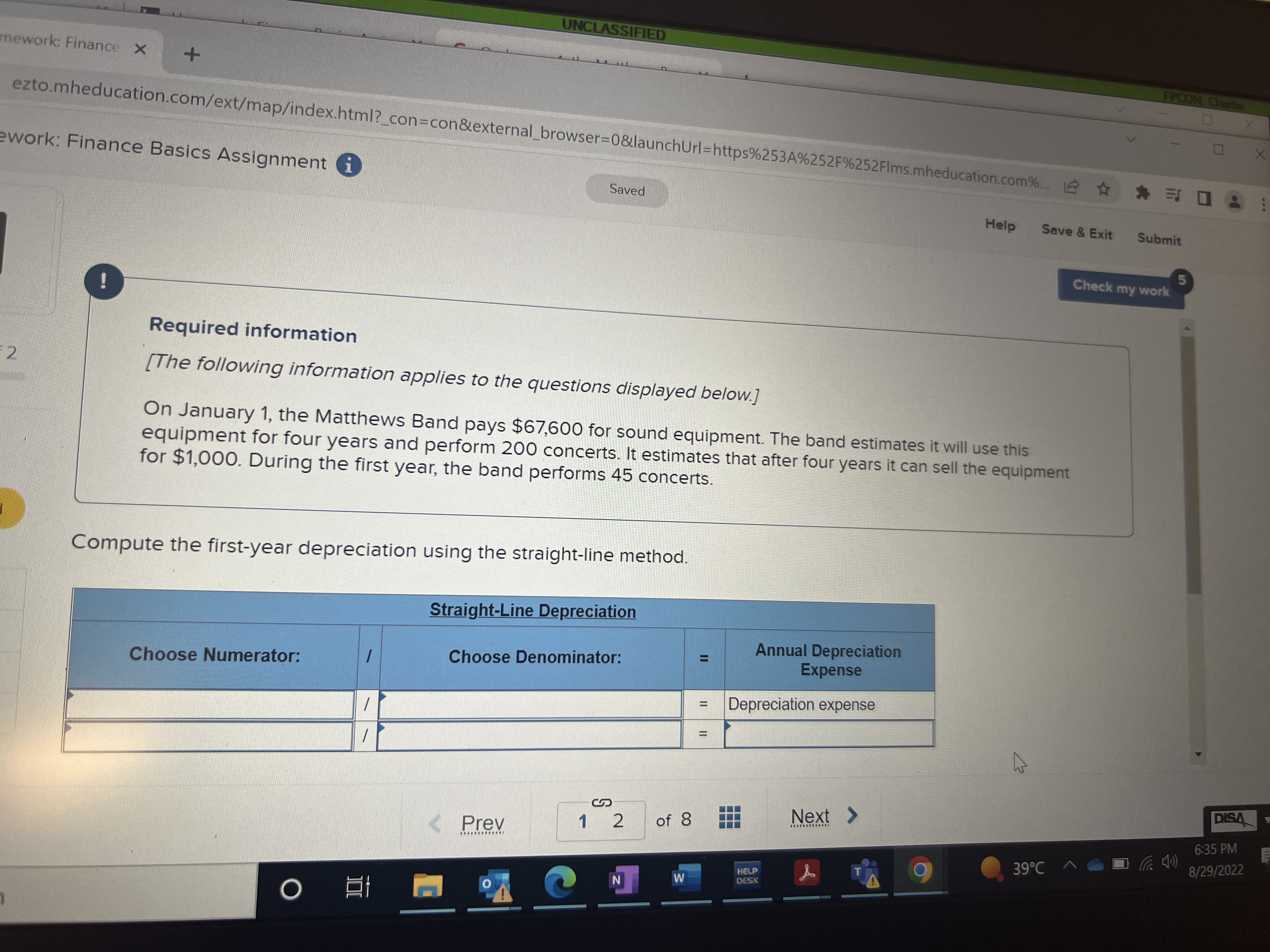 UNCLASSIFIED mework: Finance X ezto.mheducation.com/ext/map/index.html?_con=con&external_browser=0&launchUrl=https%253A%252F%252FIms.mheducation.com%. work: Finance Basics Assignment i Saved