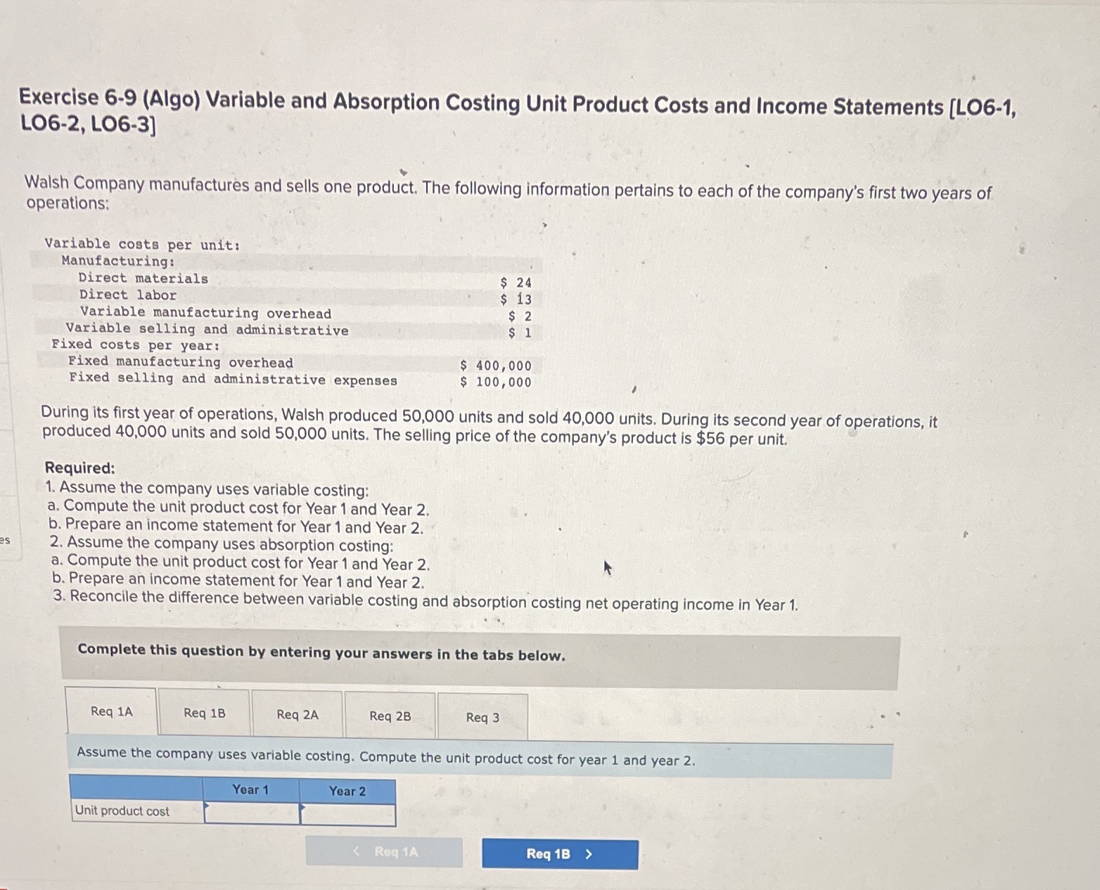  Exercise 6-9 (Algo) Variable and Absorption Costing Unit Product Costs and