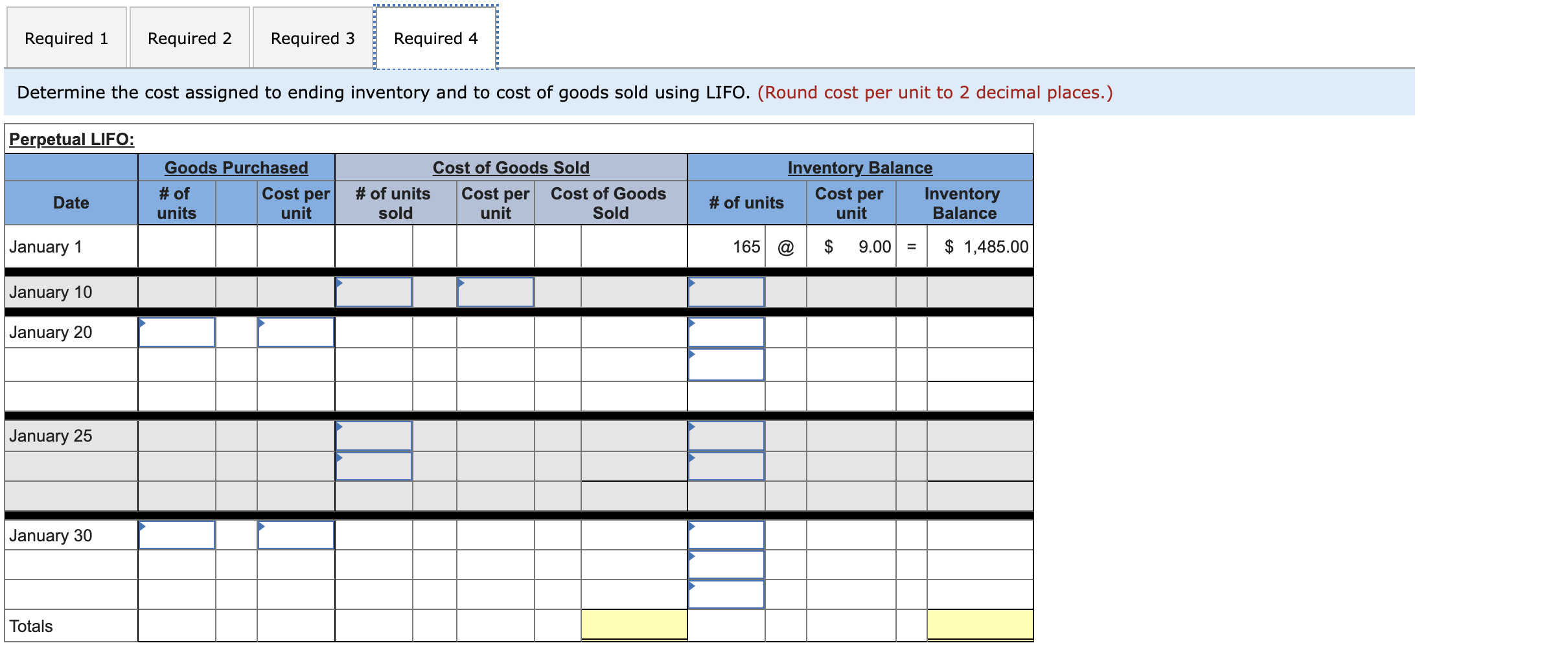 at Cost Units sold at Retail Jan. 1 Beginning inventory 165 units@