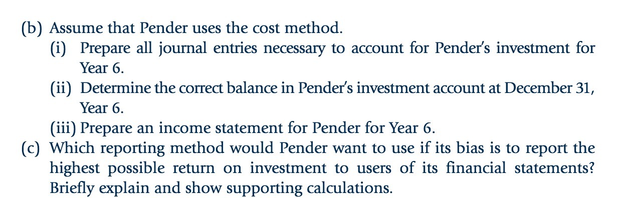 (b) Assume that Pender uses the cost method. (i) Prepare all