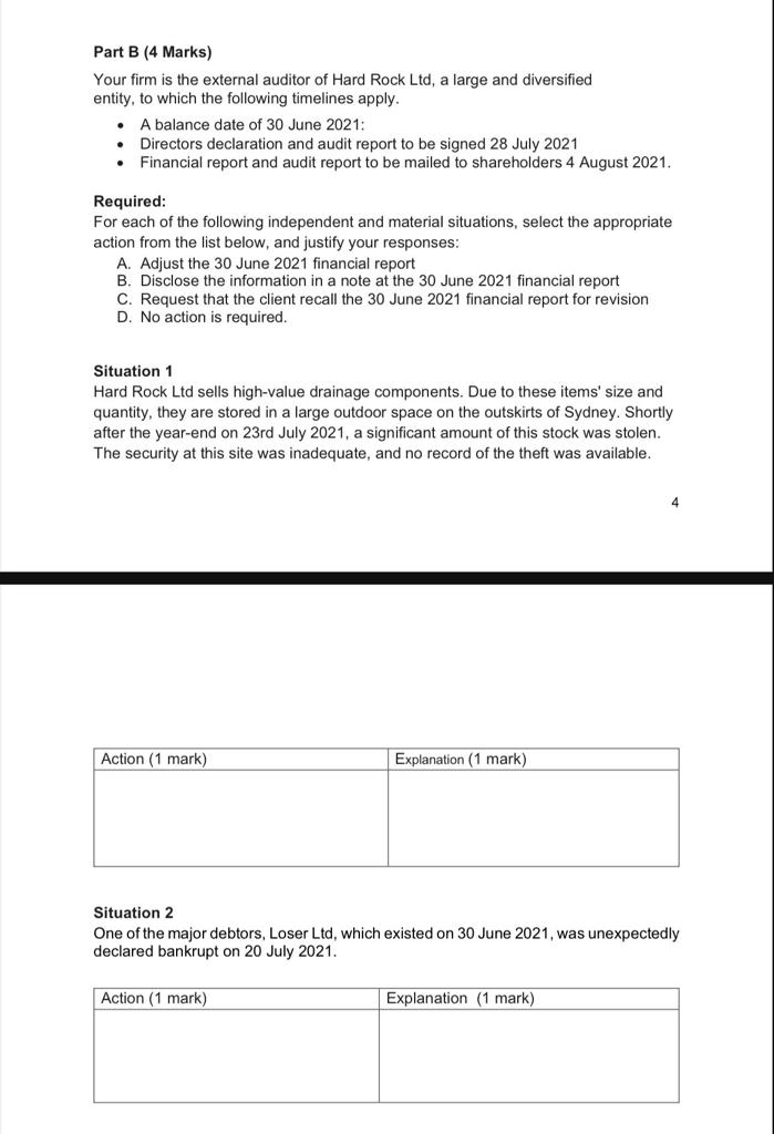 Part B (4 Marks) Your firm is the external auditor of