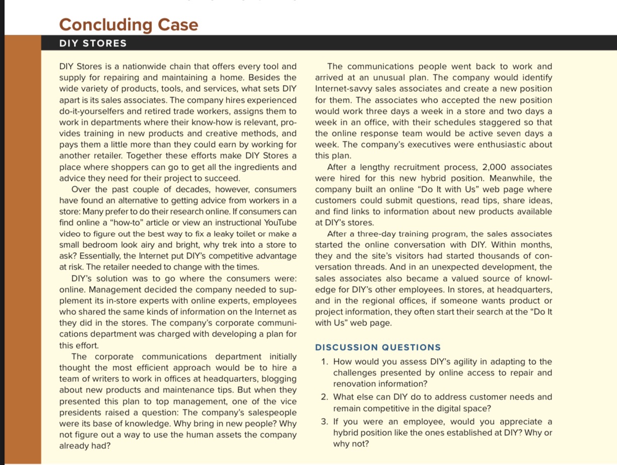 Answer discussion questions Concluding Case DIY Stores is a nationwide chain that