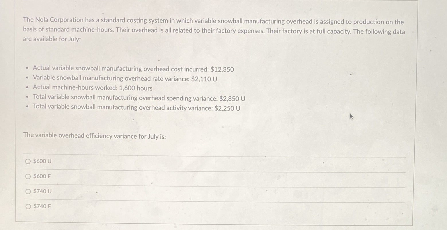 Solve using given information The Nola Corporation has a standard costing system