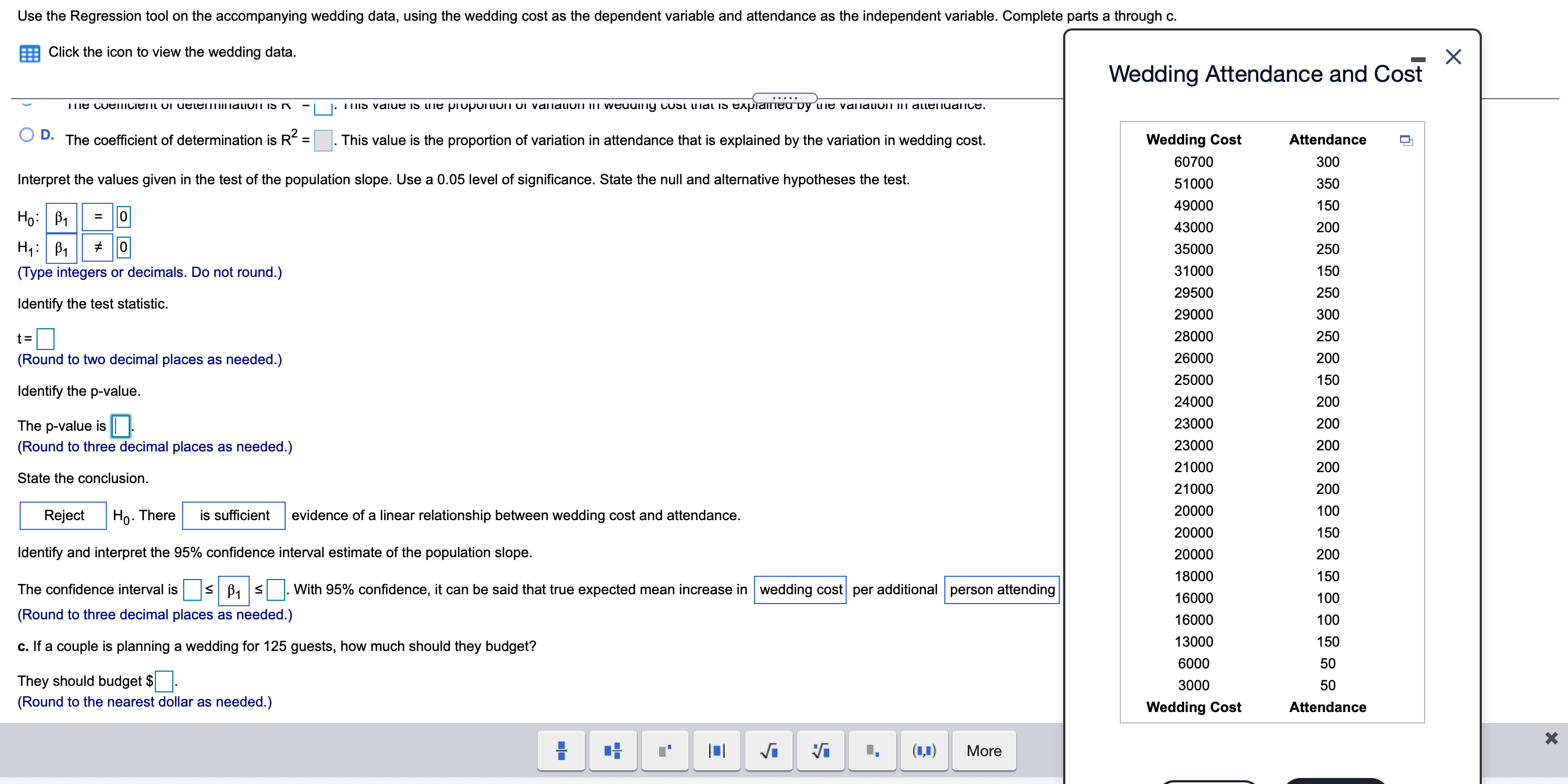 Use the Regression tool on the accompanying wedding data, using the