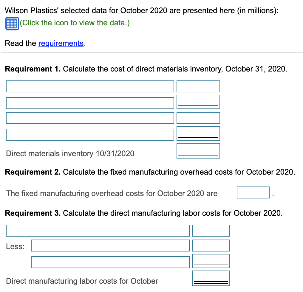 view thedata.)Read the requirementsLOADING....Requirement 1. Calculate the cost of direct materialsinventory, October