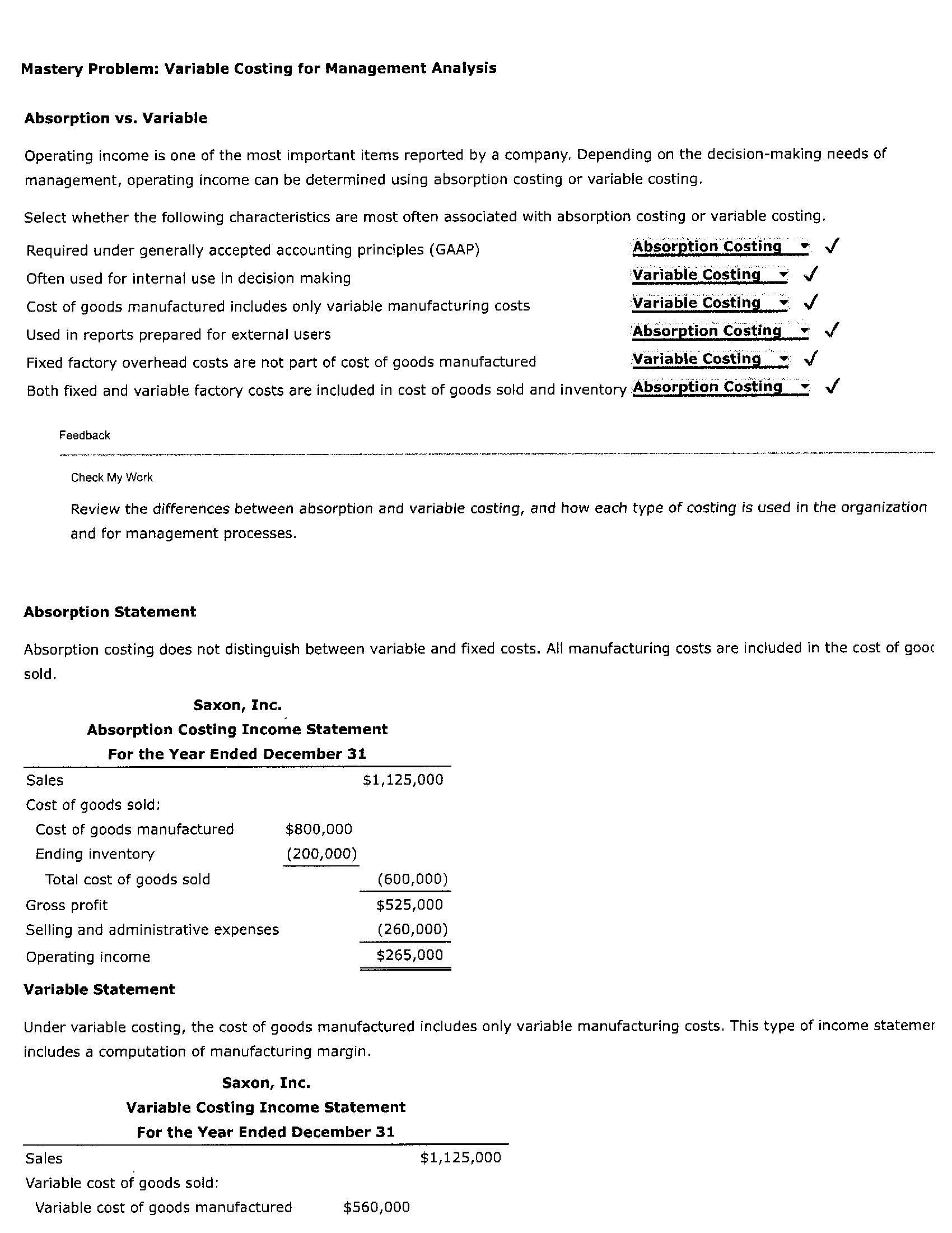  Mastery Problem: Variable Costing for Management Analysis Absorption vs. Variable Operating