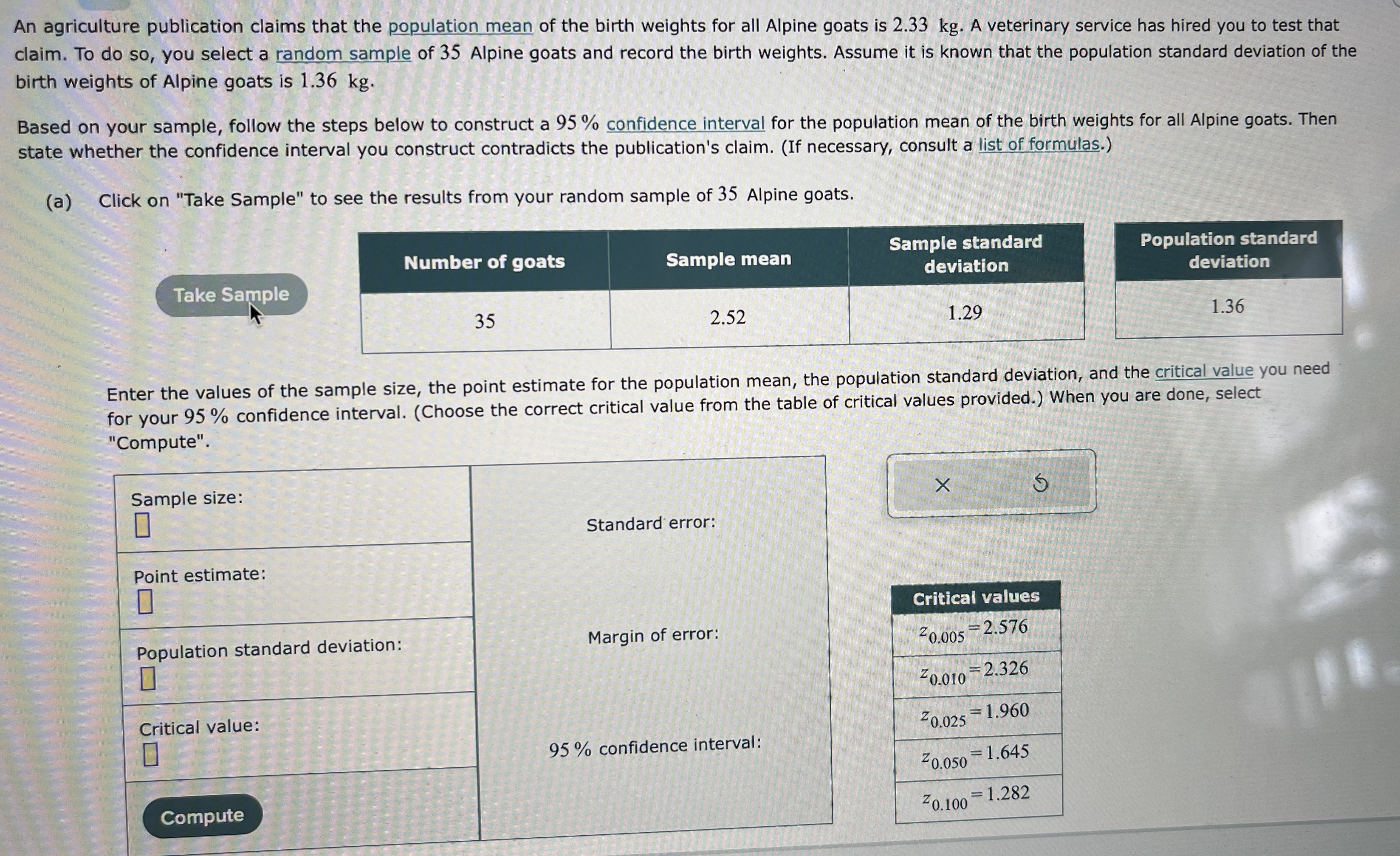for the population mean of the birth weights for all Alpine goats.