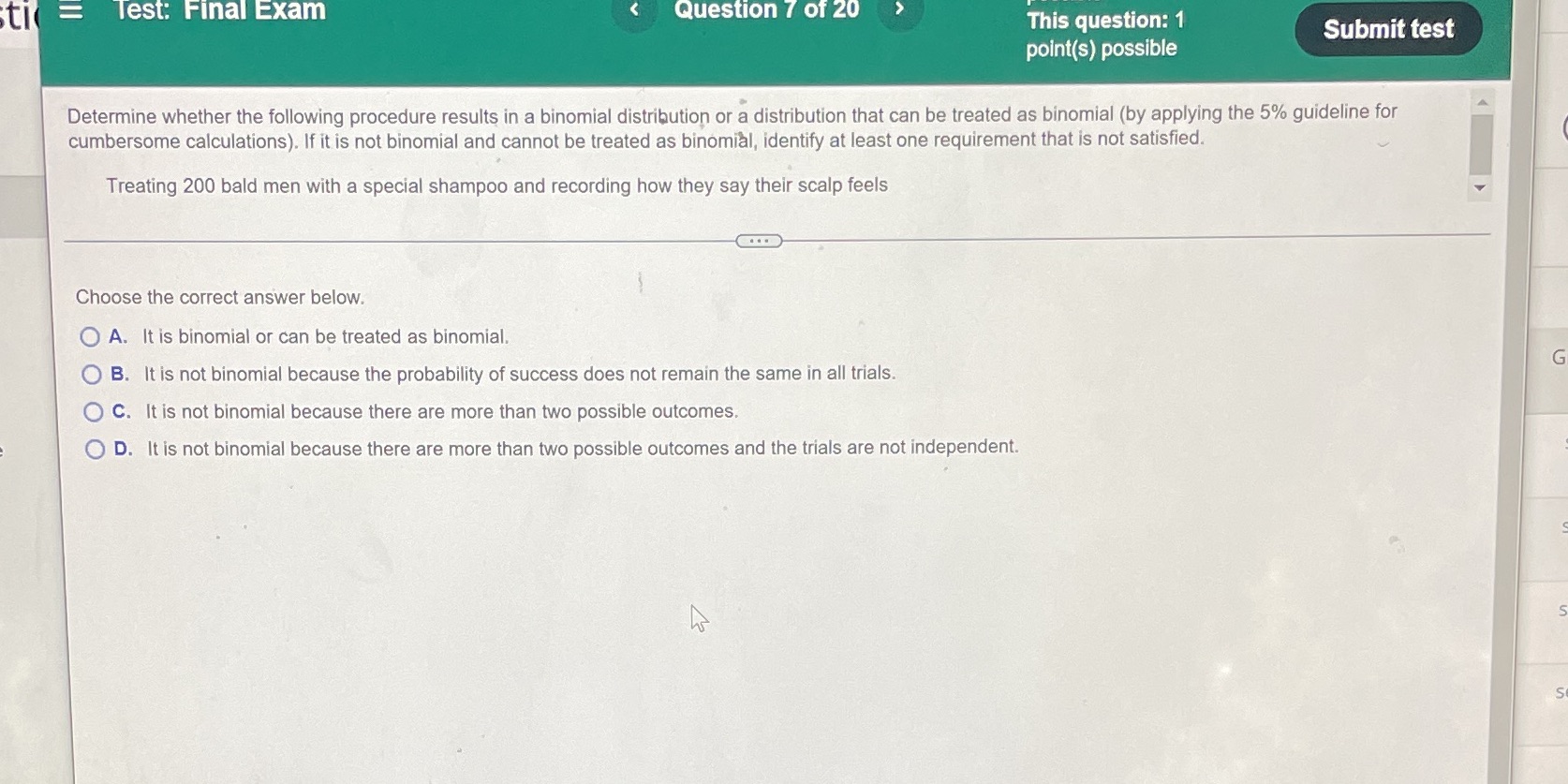 This question: 1 Submit test polnt(s) possible Determine whether the following