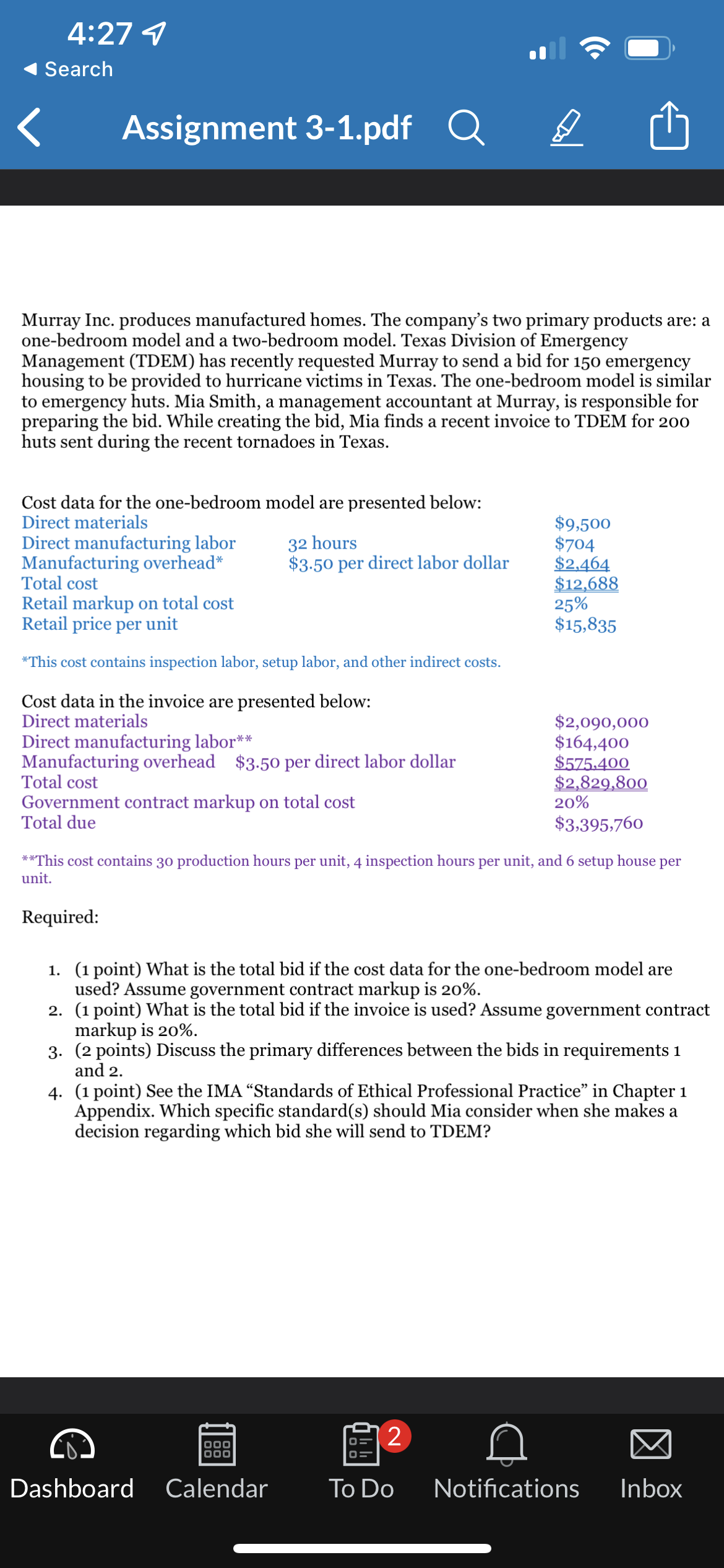 4:27 < Search < Assignment 3-1.pdf Murray Inc. produces manufactured homes. The